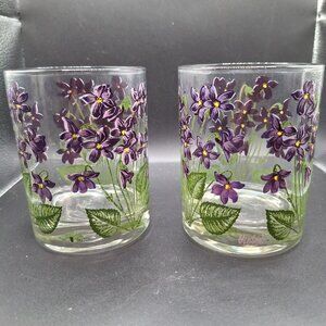 Set Of 2 Vintage Cera Glass Tumblers With Violet Flower Design Purple Green